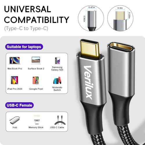 Image of Verilux PD 100W Type C Cable Fast Charging, 9.8Ft /3M USB C Extension Cable Support 10Gbps Data Transfer with 4K@60Hz HD Video Output, USB Type C Male to Female for iPhone 17 /16 /15, iPad Pro, MacBook