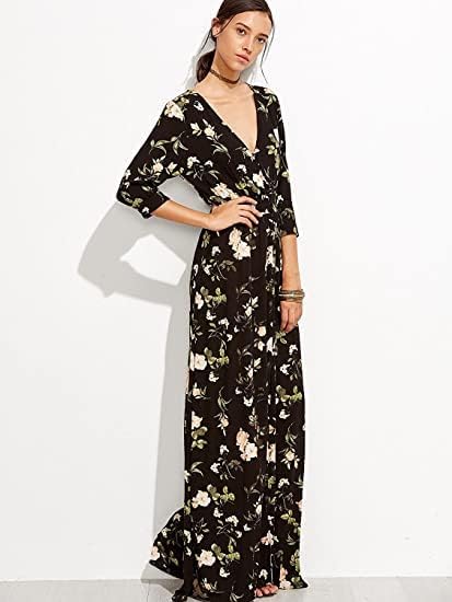 Milumia Women's Button Up Split Floral Print Flowy Party Maxi Dress Black XX-Large