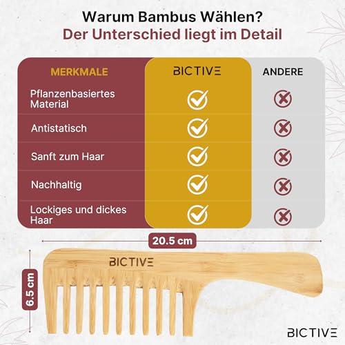 BICTIVE® Grober Kamm [Groß]. Holzkamm für Alle Haartypen. Lockenkamm Naturlocken aus Bambus, Styling Kamm, Wide Tooth Comb, Entwirrbürste Lange Haare, Breite Zinken für Damen und Männer. Anti-Frizz