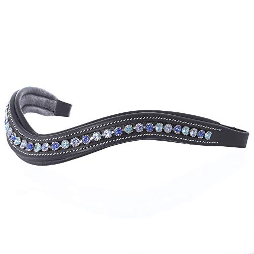 ExionPro Curved Padded Bling Crystal Leather Browband for Horse Bridles | Diamond Decorated Bling English Dressage Browbands | Crystal Color - Sapphire, Violet, Light Sapphire | Black-Full