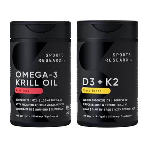 Sports Research® Multivitamin Pack - Omega-3 Krill Oil 500mg w/Choline, Phospholipids & Astaxanthin and Vitamin K2 & Vegan D3 5000iu with Coconut MCT Oil - Non-