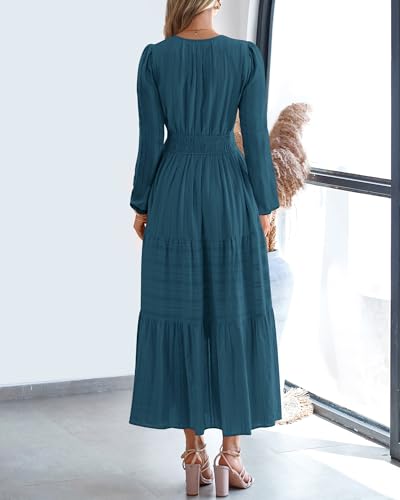 BTFBM Fall Dresses for Women 2025 Casual Long Sleeve V Neck Elastic Waist Lightweight Maxi Wedding Guest Dress Pockets