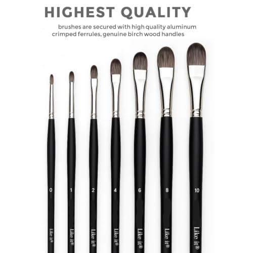 Image of Like it 7 PCS Filbert Paint Brush Set, Sizes 0 /1 /2 /4 /6 /8 /10 - Professional Artist Brushes for Watercolor, Gouache, Acrylic & Ink, Soft Synthetic Hair, Black Wooden Handles (7-Piece Set)