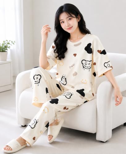 Image of Women Printed T-Shirt and Track Pant Set | Cotton Co-Ord Night Suit for Women | Lounge Wear, Sleepwear, Gym Wear | Half Sleeve Top & Elastic Waist Joggers | Stylish