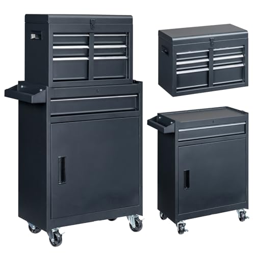 4-Drawer Rolling Cabinet with Detachable Top Toolbox, Lockable Wheels, Lock Bar, Tool Rack, Metal Storage Cart for Garage Workshop (Black)