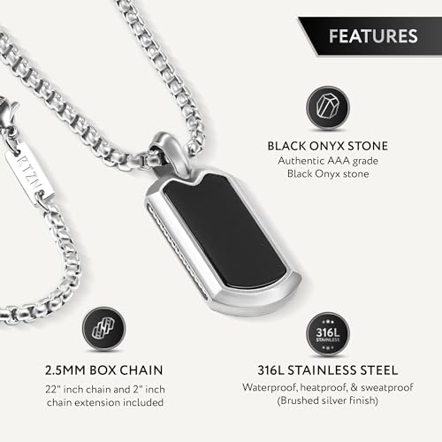 RTZN® Black Onyx Necklace for Men – Premium Dog Tag Black Onyx Mens Pendant Necklaces with Stainless Steel Box Chain 22" Inch + 2" Extension3