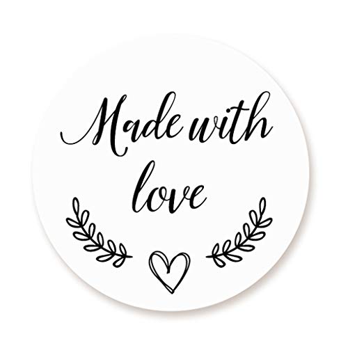 100 STICKERS 'Made with love' Autocollants,40MM ROND Etiquettes - Branche rustique et motif coeur pour faveurs de bombonieres/Mariage/Baptême/Noël/Cadeaux/cuisine/cartes/Scrapbooking - UNI 316 Cover