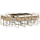 XHNIFBN 11-TLG. Garten-Essgruppe aus Poly Rattan, platzsparendes Rattanmöbel Set mit 10 Stühlen & Esstisch, inkl. Kissen, Beige, Gartentisch 165x106x73 cm für Terrasse & Balkon