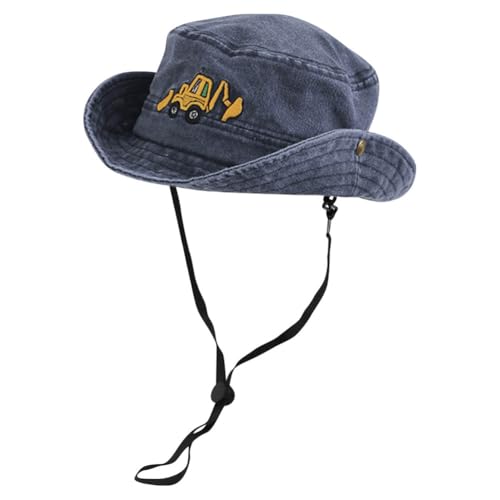 Excavator Embroidered Kids Sun Hat for Boys Girls UPF 50+ Cotton Washed Bucket Cap Wide Brim Toddler Fishing Hat Summer Beach Hat Safari Hat, Washed Navy Blue, One Size
