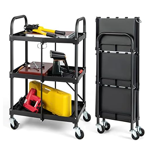 Safstar 3-Tier Folding Tool Cart on Wheels, Rolling Tool Storage Organizer Cart W/Universal Wheels & Handrails, 300Lbs Load, Portable Utility Cart, Collapsible Service Cart for Garage Warehouse Home