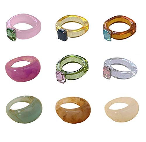 9 pcs Colorful Resin Rings Wide Thick Dome Knuckle Finger Stackable Joint Ring Retro Acrylic Transparent Vintage Jewelry Party Elegant Handmade Gift (Size 6-8)