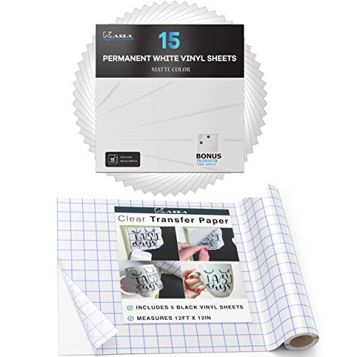 Kassa Vinyl Bundle, Permanent Adhesive Tape White Vinyl Sheets 15 Pack, 12X12 Inches & Clear Transfer Tape Roll 12 Feet #TOP28