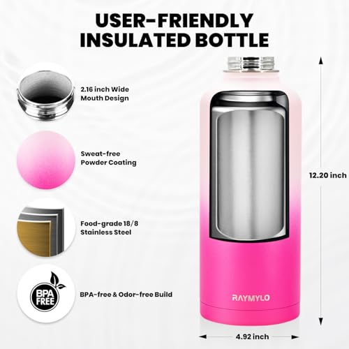 Image of RAYMYLO Insulated Water Bottle 87 oz, Triple Wall Vacuum Stainless Steel (Cold for 48 Hrs), Leak Proof & Non-BPA, Modern Water Flask Jug with Paracord Handle & Straw Spout Lids, Ombre Pink