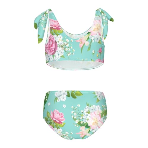 Girls Roses Light-blue Phloxes Pattern Swimsuit Two Pieces Bikini Set Bathing Suits Swimwear Crop Top Swimsuit Set2