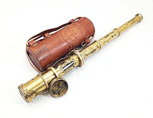 Antique Brass Pirate Telescope Camping Accessories Telescope for Adults Marine Sailor\'s Spyglass, 17 inch Brass Made w High Resolution Magnification w Brown Leather Case Nautical Gift