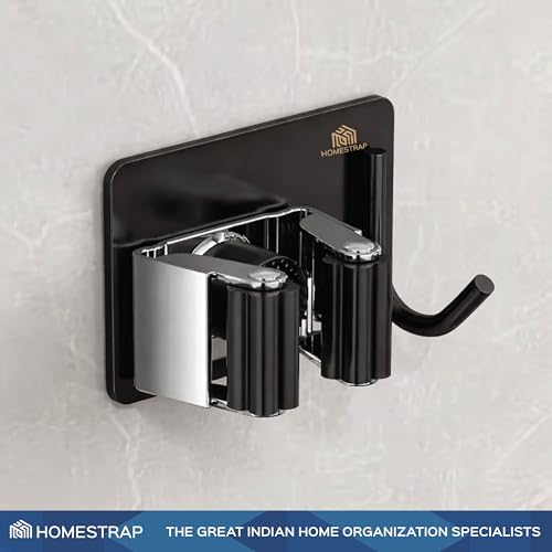 Image of HomeStrap Stick-On Mop & Broom Holder with Rubber Grip | Stainless Steel Wall Holder with Hook for Mops, Brooms, Wiper & Towels | No Drilling Waterproof Self-Adhesive Hook for Daily Use | Set of 2