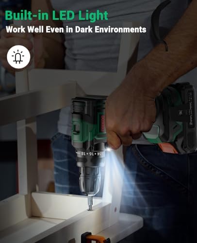 Bild 4 - Akkuschrauber Bürstenlos 21V, CEEIGOO Akku Bohrschrauber mit Akku 2000mAh, 42N.m Akku Bohrmaschine, 2 Gang, 18+1 Drehmomentstufen, LED Licht, 20 tlg Zubehöre Set für Haus und Garten DIY Projekt