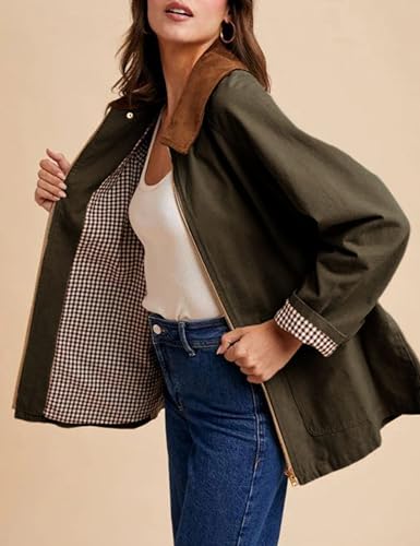 SCUSTY Women's Oversized Utility Shacket Corduroy Collared Chore Jacket Zip Up Casual Fall Winter Coat Outwear with Pockets4