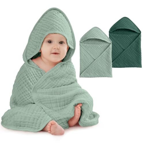 Image of Unnivoll Hooded Baby Towels for Newborn - 2 Pack, 100% Muslin Cotton, Baby Bath Towels with Hood, Soft and Absorbent for Boys, Girls Infant, Toddler and Kids, Large 32x32 Inches, Newborn Essential