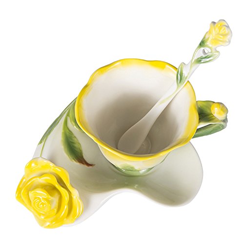 Ybk Tech Creative 3D Rose Bone China Ceramic Coffee Mugs Afternoon Tea Cup And Saucer Set (Yellow) #TOP2