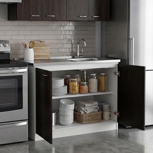 Image of Tuhome Napoles Utility Sink Cabinet for Kitchen Use with Integrated Stainless Steel Sink and Stainless Steel Countertop, Double Door Storage Cabinet with Interior Shelf for Kitchen, Laundry or Utility