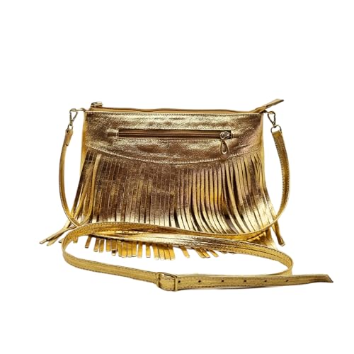 Bolsa de Ombro Feminina Couro Transversal de Franja Bolso Interno Alça Regulável (Dourado)