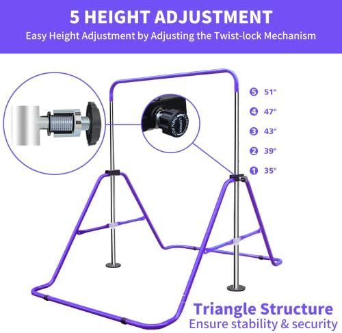 Expandable Gymnastics Bar for Kids, Height Adjustable Junior Training Bar with Rings, Folding Gymnastic Horizontal Bars Equipment for Home