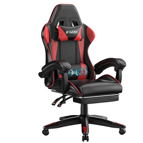 bigzzia Gaming chair with massage function, ergonomic gamer chair with footrest, headrest, lumbar cushion, height adjustment, tilt 90°-155°, gaming chair for gaming, work, relaxation (Red)