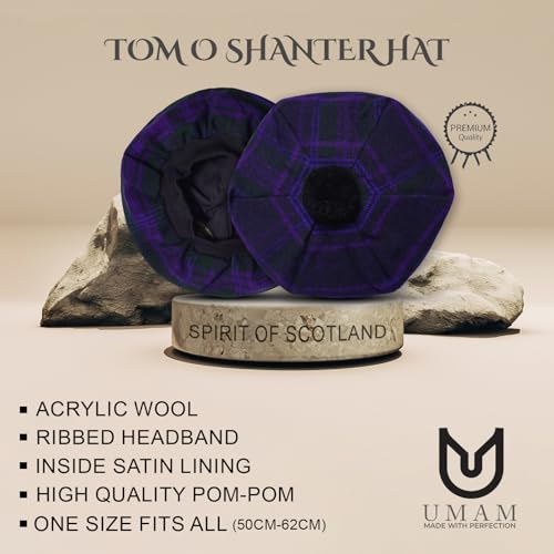 Image of Scottish Tam O' Shanter Hat Tartan Bonnet Pom Pom Wool Flat Cap One Size