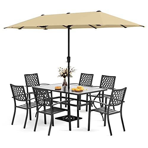 Mfstudio 8 Piece Patio Dining Set With 13Ft Double-Sided Patio Umbrella, Metal Outdoor Picnic Table Dining Set With 6 Outdoor Stackable Chairs, 1 Rectangle Dining Table And 1 Large Umbrella, Beige #TOP21