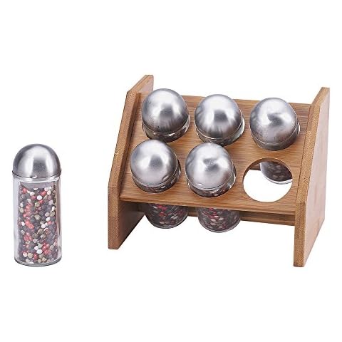 Renberg Wood Condiment with Stand Set, Bamboo, Glass, Stainless Steel, Natural/Silver, 18 x 13.5 x 14.5 cm Cover