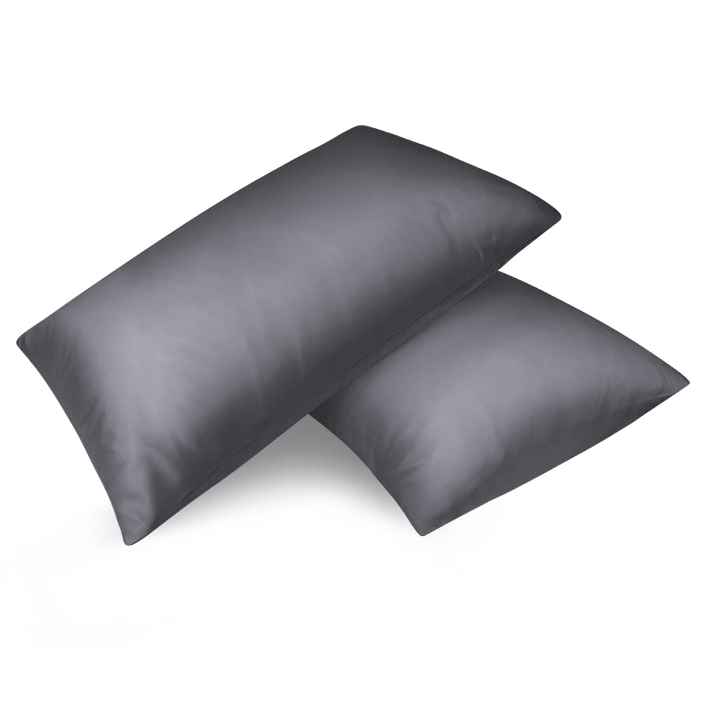 Fittia 2er-Set Satin Kissenbezug Premium Kopfkissenbezug Kissenhülle Haar- und Hautpflege Seidig mit Reißverschluss, Dunkelgrau, 50x75cm
