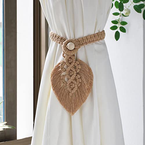 Huibaite 2 Pack Leaf Macrame Curtain Tieback , Tie Back Holder By Hand-Woven Cotton Rope, Decorative Adjustable Curtain Drapery Tiebacks For Window Curtain Home Bedroom Office Balcony (Brown) #TOP1