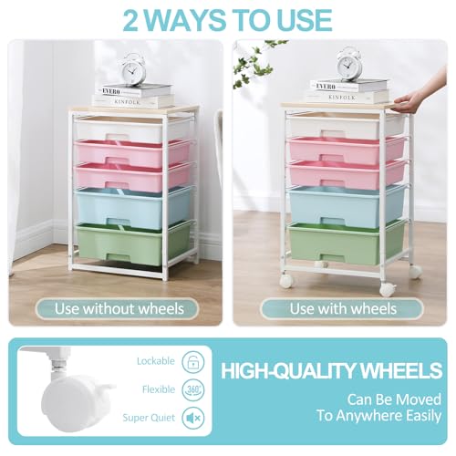 Image of SYKIARIOL Utility Cart with 5 Drawers,Storage Drawer Cart with Wooden Tabletop and Lockable Wheels,Craft Storage Trolley Cart,5-Tier Rolling Utility Cart on Wheels,Rainbow