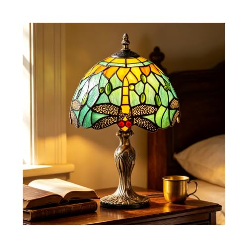 Image of 8'' Stained Glass Table Lamp, Vintage Desk Bedside Night Light