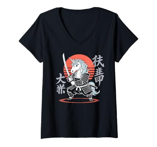 Mujer Funny Unicorn Ninja Samurai Retro Anime para los Amantes de los Unicornios Camiseta Cuello V