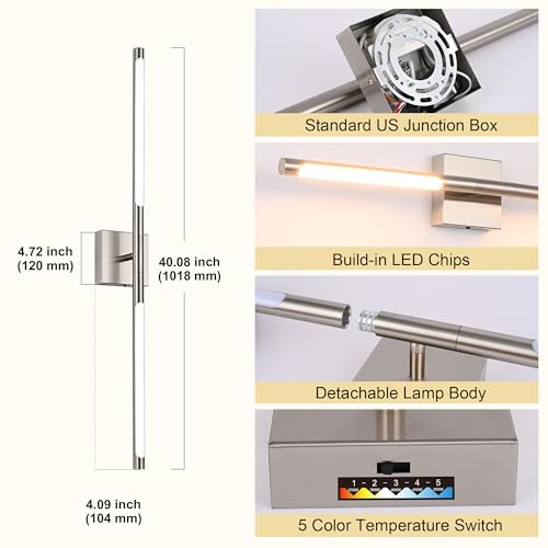 Image of TODOLUZ 40-Inch 5CCT 22W LED Bathroom Light Fixture, Brushed Nickel 2700K-5500K Wall Sconce Vanity Lighting with Rotatable Lamp Tube