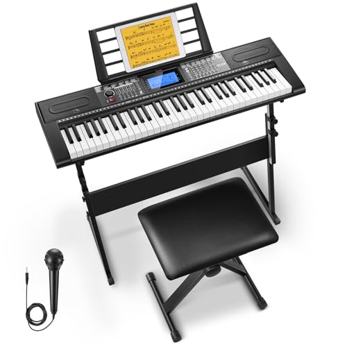 Donner 61 Key Keyboard Piano, Electric Piano Keyboard Kit with 249 Voices, 249 Rhythms – Includes Piano Stand, Stool, Microphone, Gift for Beginners, Black (DEK-610S)