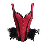 SZIVYSHI Mujer Sexy Gótico Vintage Steampunk Brocado Lace Satén Bone Correa Corsé Corset Bustier Top (Rojo con Pluma, Large)