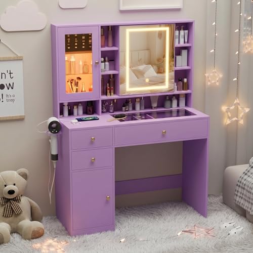 Image of Makeup Vanity Desk with Mirror and Lights, Purple Vanity with Glass Top, Jewelry Storage, Power Outlets, 3 Drawers & 2 Cabinets, Adjustable LED Lighting, Dressing Table for Women & Girls Bedroom