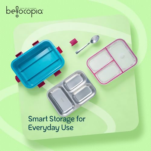 Image of Belocopia Gobblez Stainless Steel Lunch Box 525ml | Teal | SUS 304 Food Grade Steel | 3 Compartment Leakproof Tiffin Box with Spoon | Airtight Lunchbox for Office, School & Meal Prep