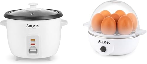 AROMA Housewares - Paquete de olla de arroz y granos y olla de huevos, cocina arroz, granos, sopa y huevos hervidos. Incluye 6 tazas (cocidas) 3