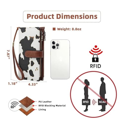 Image of Women Leather Wallet Crossbody Shoulder Bag with Double Zipper and Mobile Phone Purse with Shoulder Strap