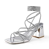 Shoe'N Tale Lace Up Heels for Women Ankle Strappy Gladiator High Heeled Sandals Chunky Block Heel Square Open Toe Criss Cross Dress Shoes(8,Silver)