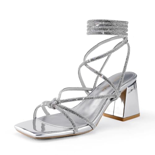 Image of Shoe'N Tale Lace Up Heels for Women Ankle Strappy Gladiator High Heeled Sandals Chunky Block Heel Square Open Toe Criss Cross Dress Shoes