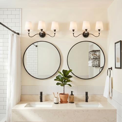 Pimteip 3-Light Bathroom Vanity Light Fixtures Over Mirror, Black Vanity Lights with White Fabric Shades & Crystal Accent, Modern Luxury Vintage Bathroom Wall Sconce Lighting, E26 Base by Pimteip - Used condition - Image 9