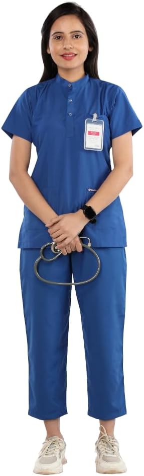Solution Essential Women's 5-Pocket Scrub Suit | Top & Bottom | Half Sleeves | Manderian Collar | Polyviscose Fabric | Comfortable |Uniform for Doctors, Nurse & Dentist