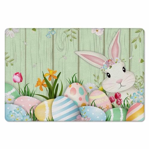 Easter Bunny Kitchen Bath Door Mat Cushioned Runner Rug,Washable Welcome Floor Sink Antifatigue Mat,Waterproof & Non-Slip Comfort Standing Doormat,Daisy Eucalyptus Egg Farmhouse Green Wood 18