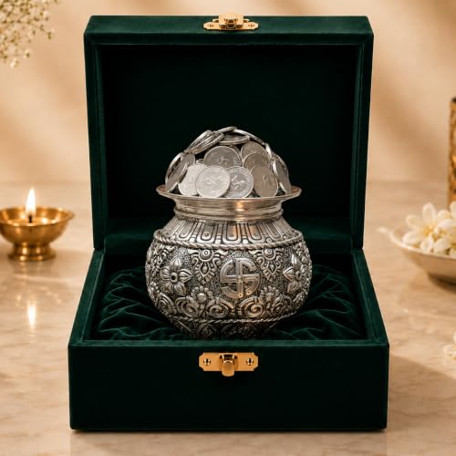 Image of Silver Plated Kalash Khazana - 4.5 Inch Auspicious Akshaya Patra for Wealth and Prosperity - Decorative Spiritual Pot Filled with Coins for Home Mandir and Office - Ideal Vastu Gift