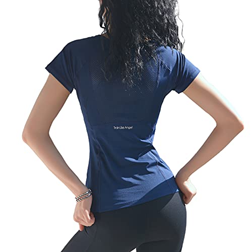 Dream Slim Short Sleeve Workout Tops For Women Stretchy Slim Fit Running Sports Shirts Dry Fit Mesh Yoga Gym Top (Dark Blue, Xl) #TOP2